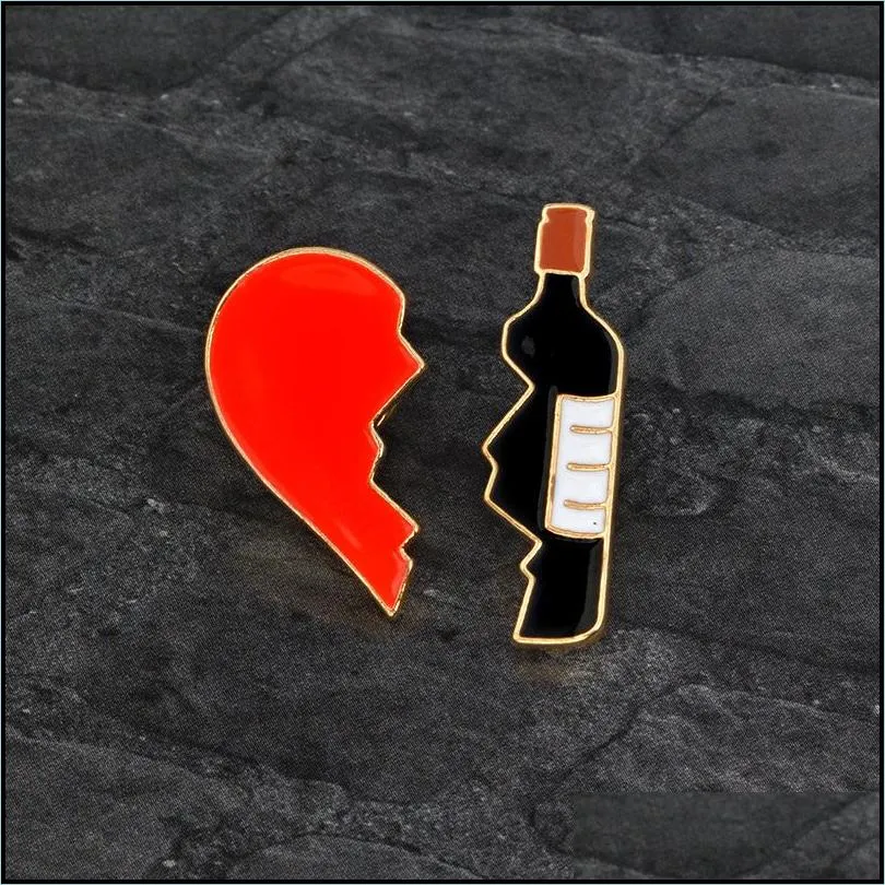 unisex 2pcs/set enamel brooch pins set red black broken heart wine bottle brooch denim jacket bag pin badge fashion acc jewelry gifts