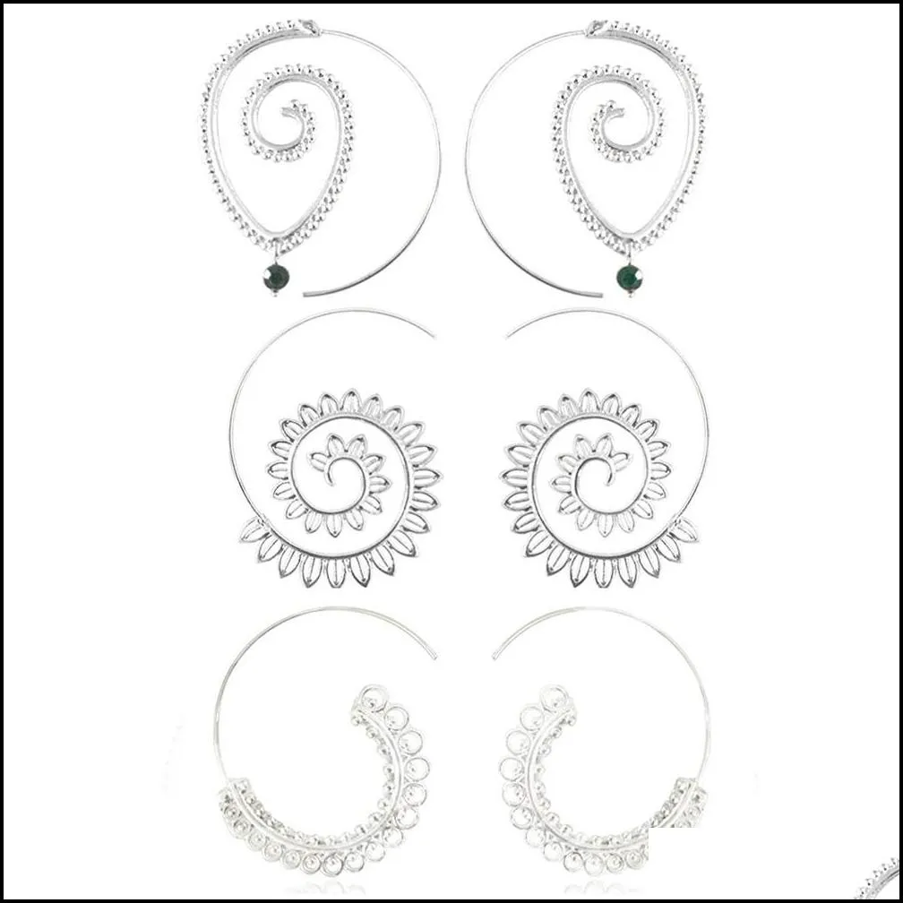unique design 3 pair/set spiral hoop earrings set for women big vintage tribal swirl dangle earrings decorative jewelry set