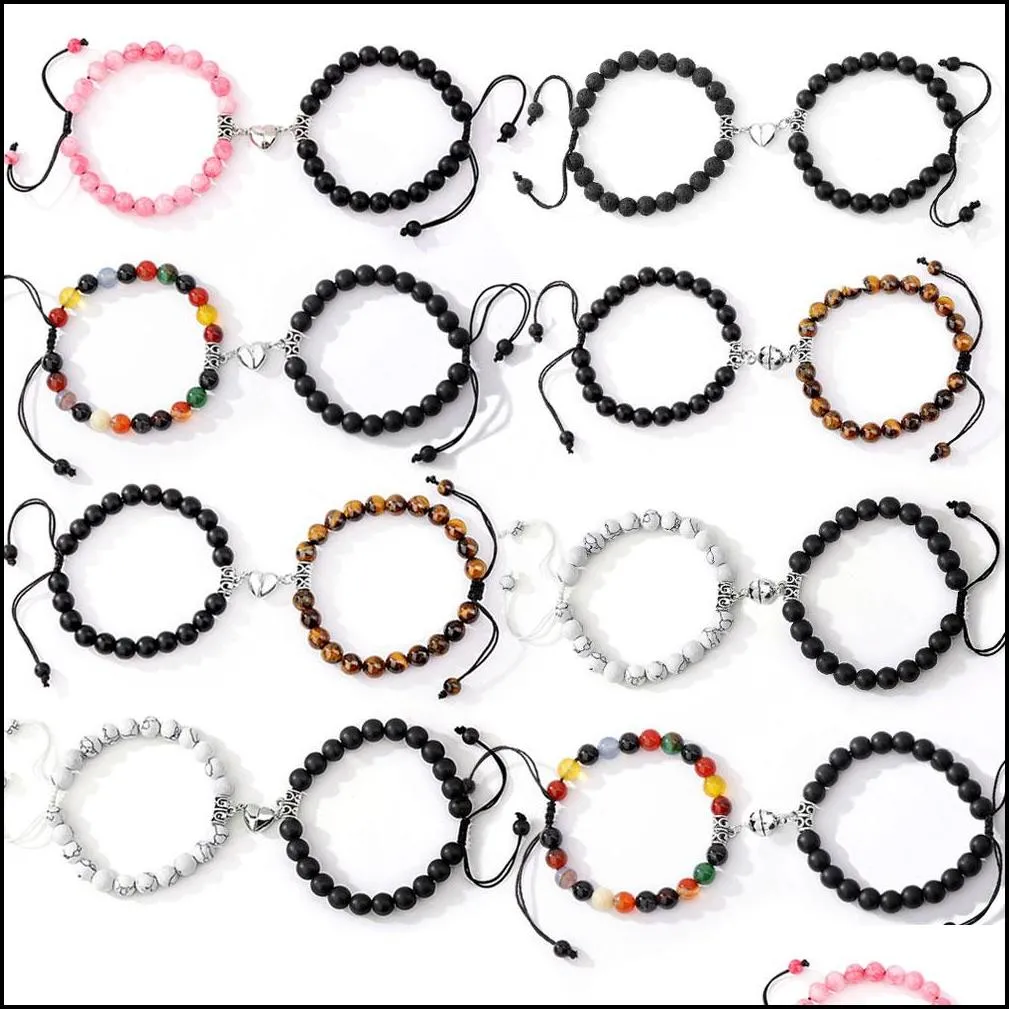 fashion 2pcs/set natural stone bead strands heart magnet couple friendship bracelets yoga for women men lovers magnetic bracelet handmade