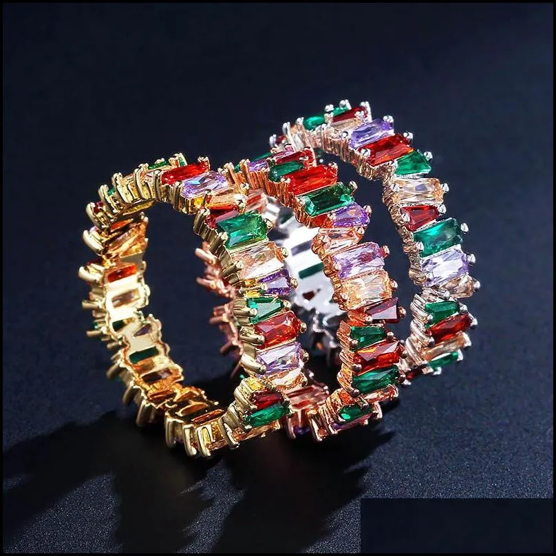 fashion rainbow baguette cz rings eternity trendy engagement wedding stack ring for women irregular copper inlaid zircon rings jewelry