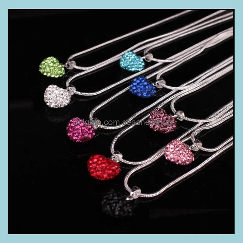 korean crystal heart shape pendant necklace silver plated snake chains rhinestone disco bead charm for women fashion jewelry