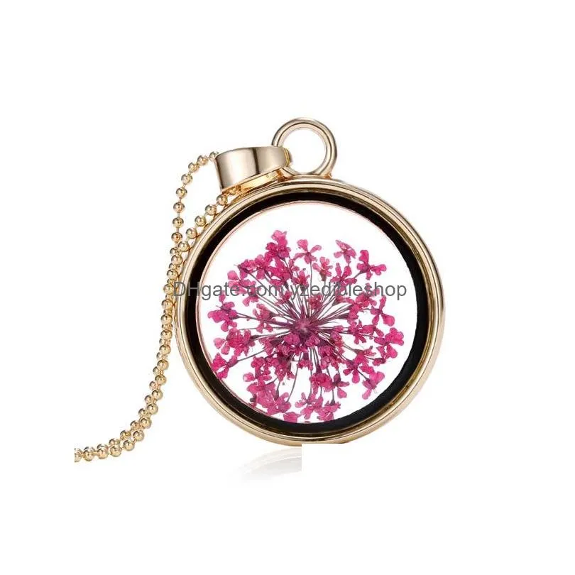 western style for women fashion jewelry circle crystal glass dry flower slide pendant necklace