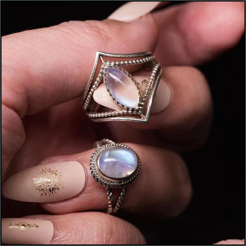 vintage moonstone rings for women antique tibetan silver water drop round crystal ring boho indian style silver jewelry girls ladies