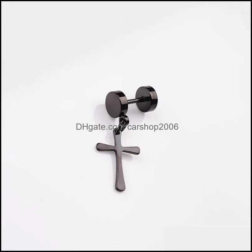 titanium silver earrings mens ear ring clip not allergic cross exaggerated personality fake ear plugs barbell ear stud hip hop 658 q2