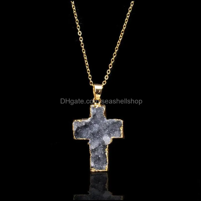  natural stone cross pendant necklace crystal healing point chakra gemstone druzy crucifix charm chain for women fashion jewelry