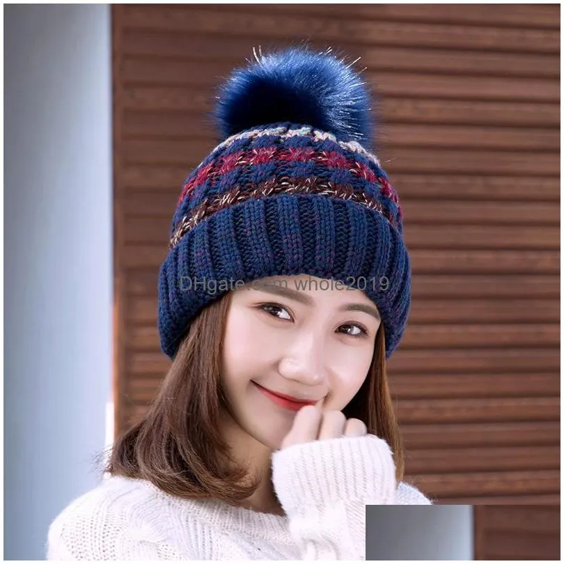 autumn winter womens knit hat wool ball fleece beanies cap lady knitted hat warm cap crochet hats