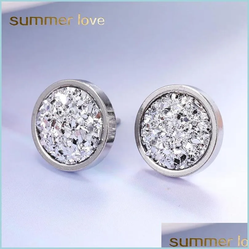 titanium steel stud earrings for women men fashion 12mm handmade round crystal druzy earrings trendy simple jewelry gift