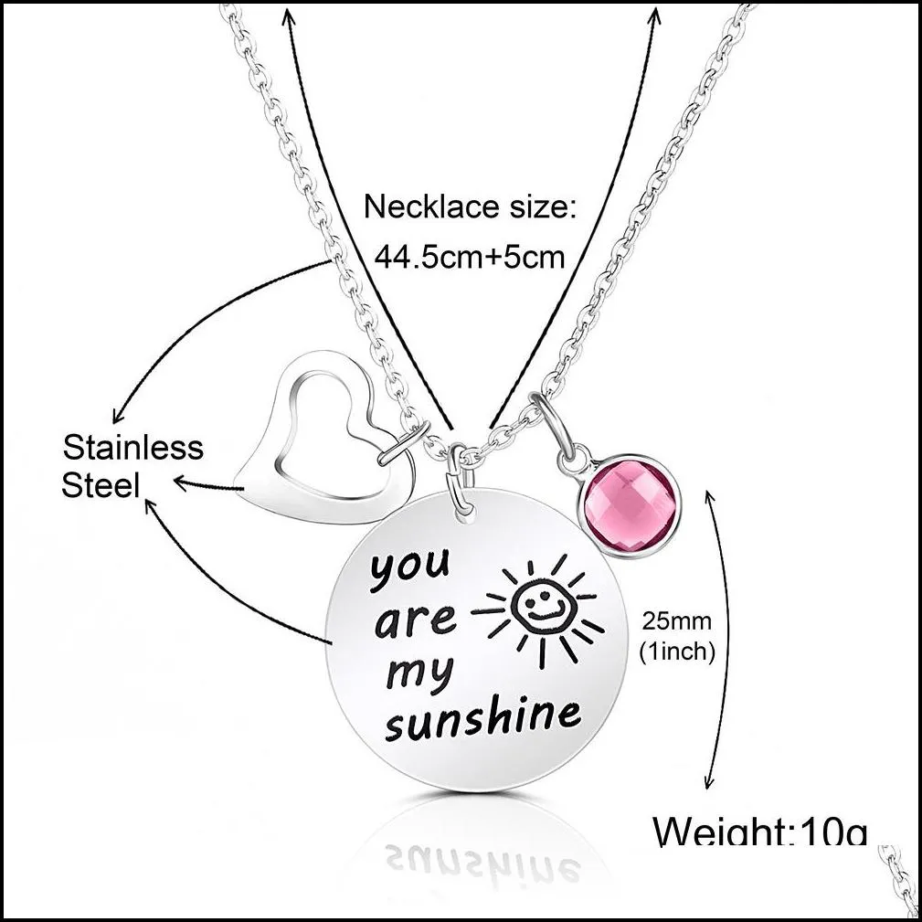 fashion stainless steel you are my sunshine inspirational pendant necklace 12 color birthstone heart charm necklaces women friendship birthday jewelry