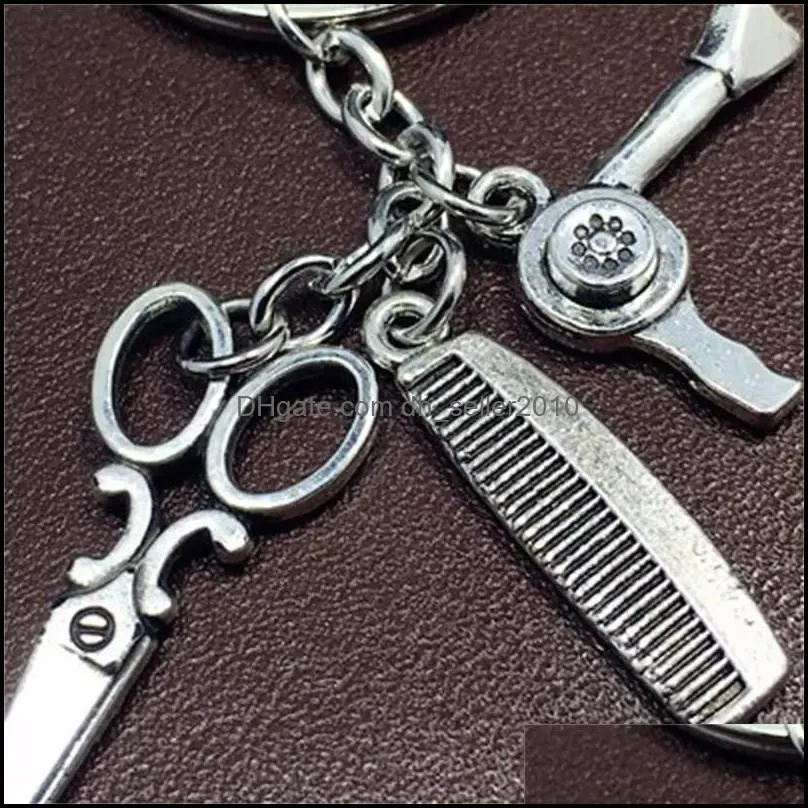 hair stylist scissors comb hair dryer haircut washing blow keychaintibetan silver charm pendant key chain ring diy fit keychain