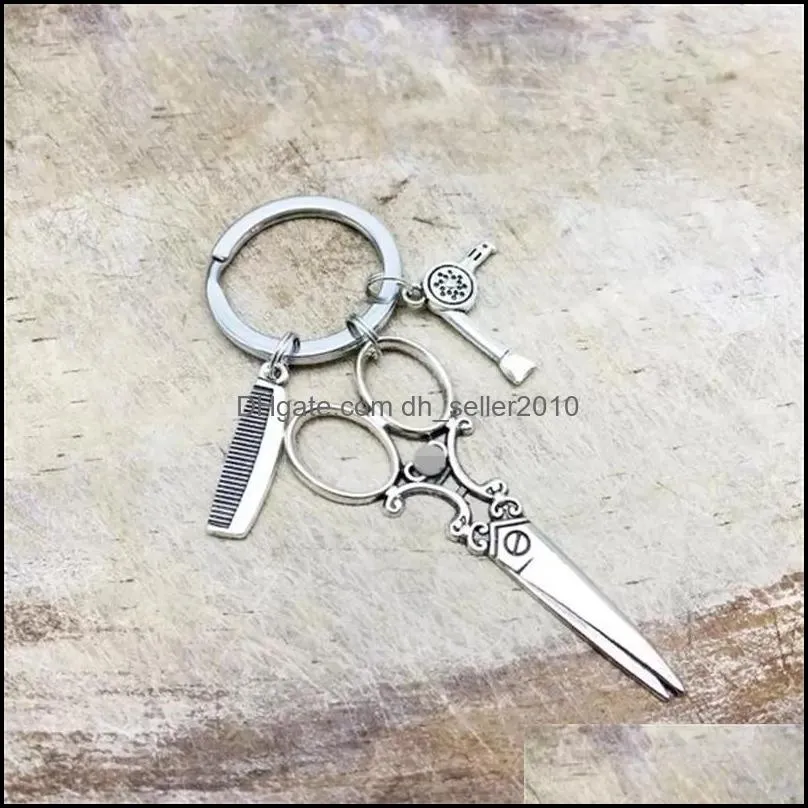 hair stylist scissors comb hair dryer haircut washing blow keychaintibetan silver charm pendant key chain ring diy fit keychain