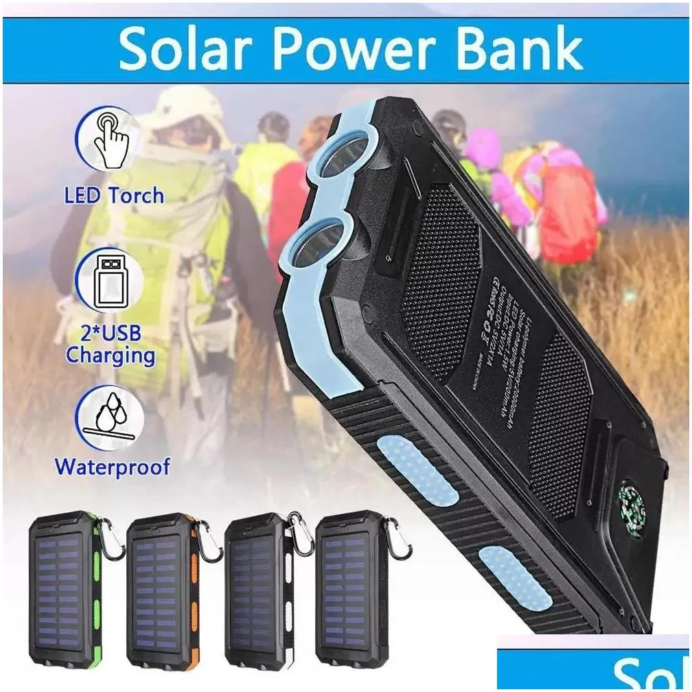 20000mah portable solar power bank charging cell phone solar  with dual usb charging ports led light carabiner compasses