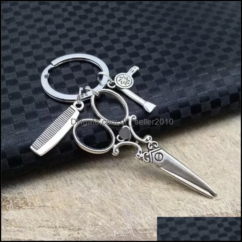 hair stylist scissors comb hair dryer haircut washing blow keychaintibetan silver charm pendant key chain ring diy fit keychain