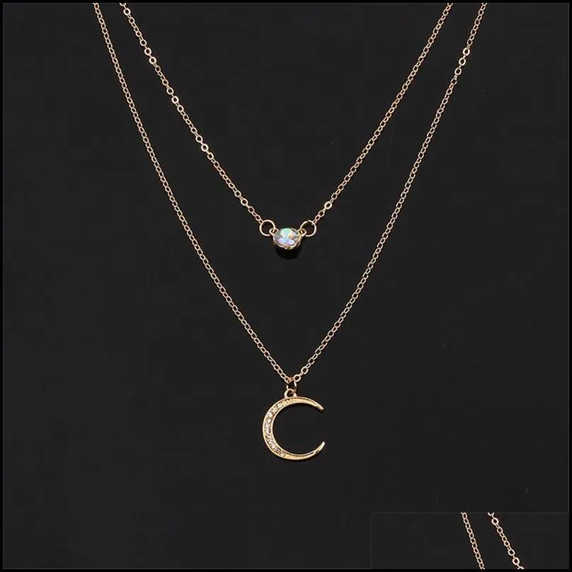 rhinestone crescent moon pendant necklace for women girls bohemia multilayer silver gold chain necklace party fashion jewelry