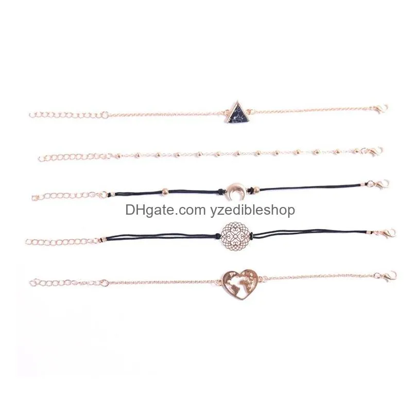 fashion jewelry bracelet set triangle black stone map moon beads layered bracelets 5pcs/set