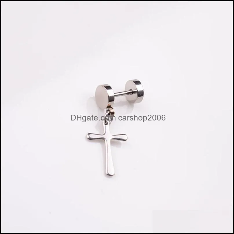 titanium silver earrings mens ear ring clip not allergic cross exaggerated personality fake ear plugs barbell ear stud hip hop 658 q2