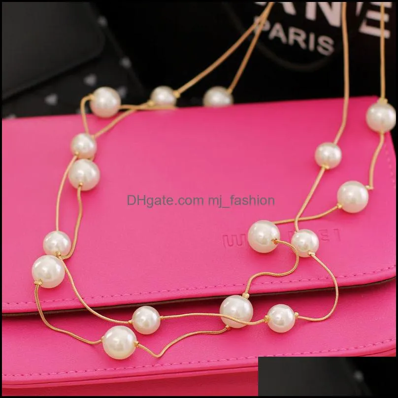  long double layer simulated pearl necklace women sweater chain necklace female collares statement jewlery wholesale 2021 735 q2