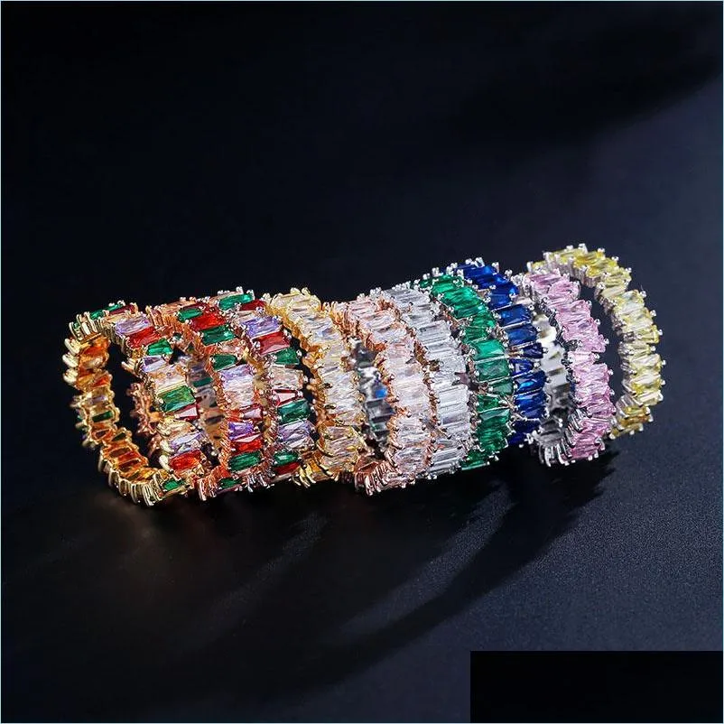 fashion rainbow baguette cz rings eternity trendy engagement wedding stack ring for women irregular copper inlaid zircon rings jewelry