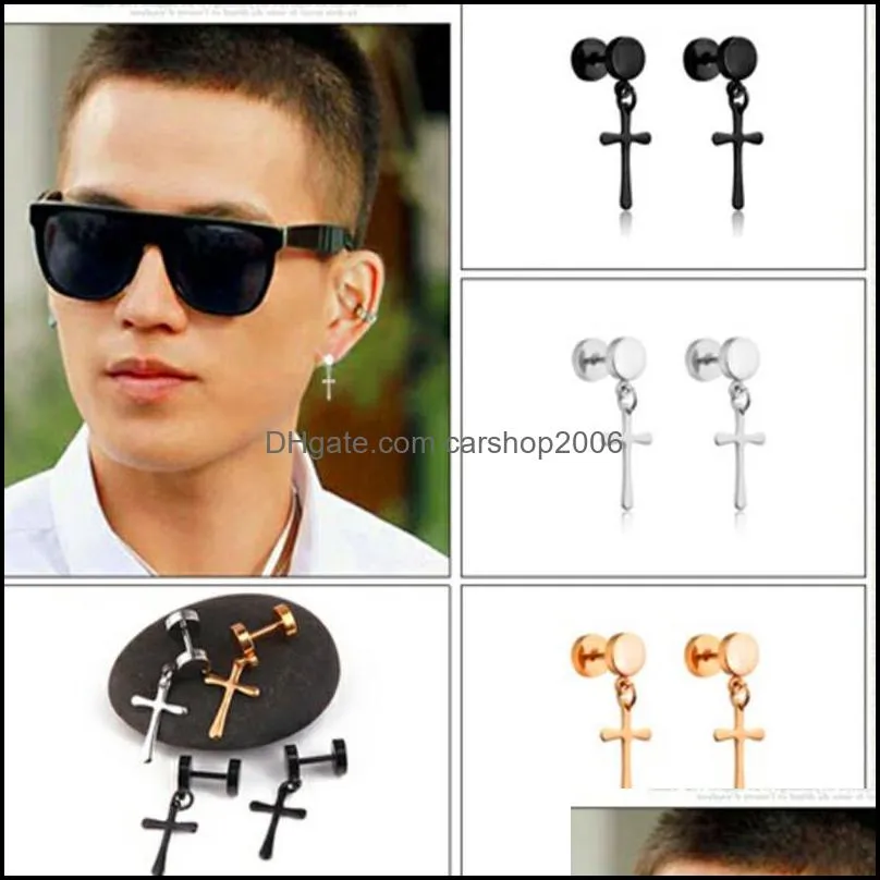 titanium silver earrings mens ear ring clip not allergic cross exaggerated personality fake ear plugs barbell ear stud hip hop 658 q2