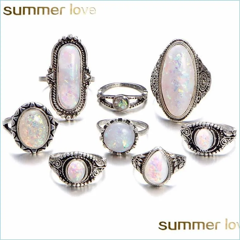 big vintage opal 8 pcs knuckle ring set for women sliver color geometric pattern bohemian style fashion jewelry set