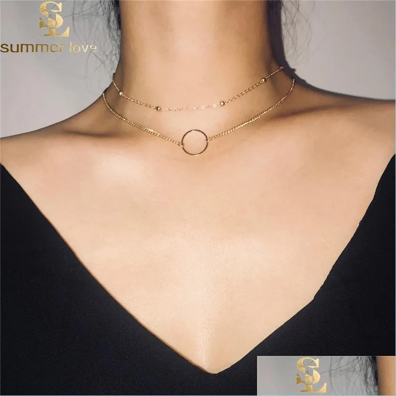 2pcs/set gold chain circle pendant chokers necklaces for women simple copper beaded chain short necklace fashion jewelry
