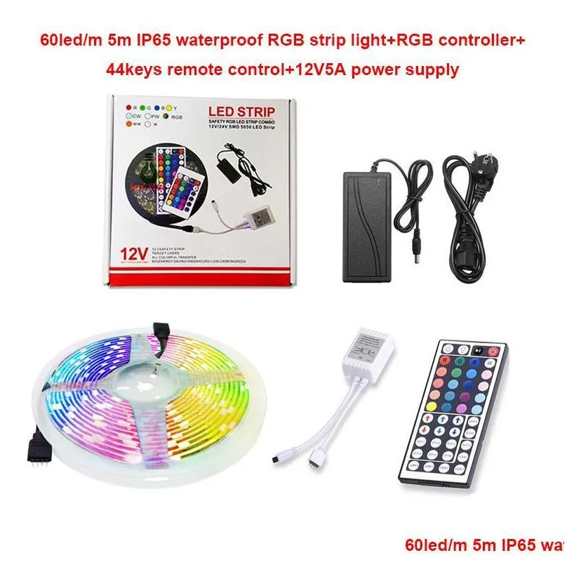 rgb led strips light kit 5m 300leds smd 5050 12v led strip waterproof 44key ir remote controller dc 12v power supply add exquisite packaging