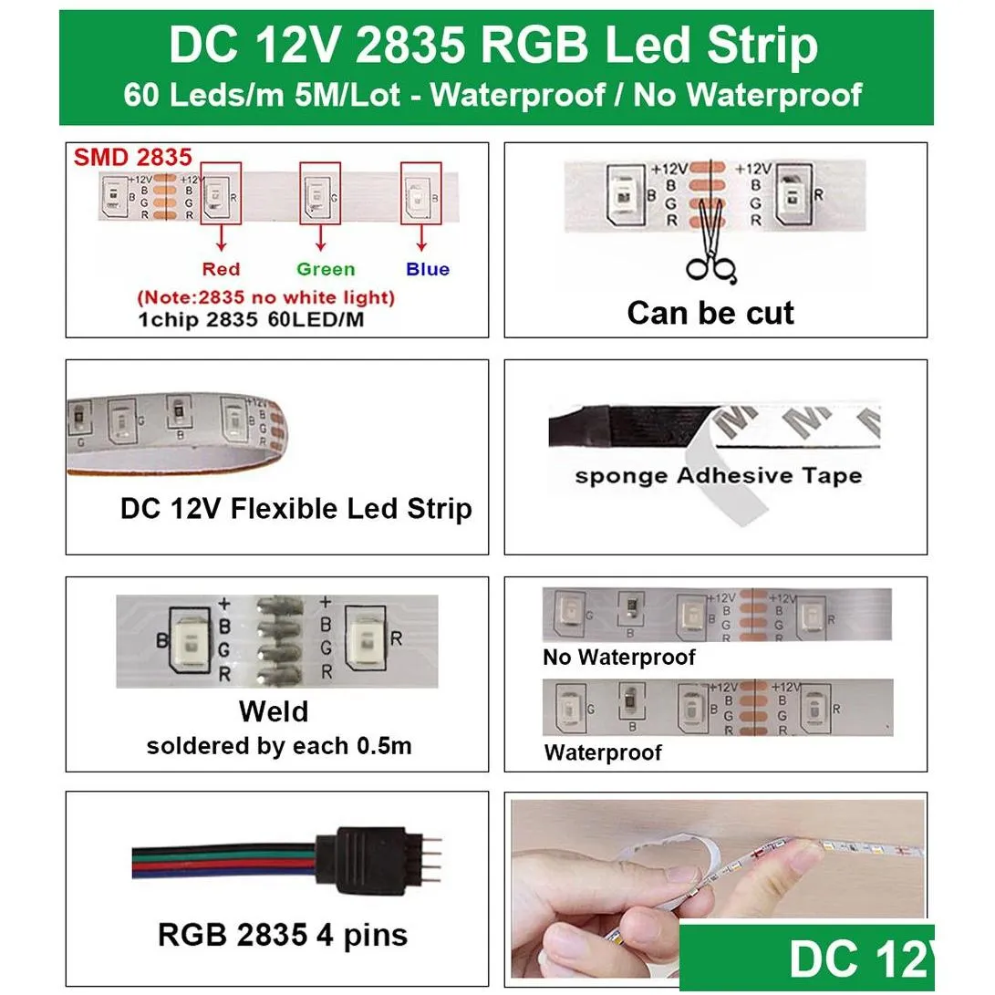 5m 10m 15m rgb led strip 2835 dc 12v waterproof wifi flexible diode tape ribbon fita tira led light strips with remote add adapter