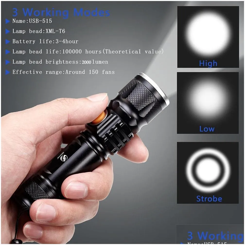 powerful led flashlight with tail usb charging head zoomable waterproof torch portable light 3 lighting modes builtin battery