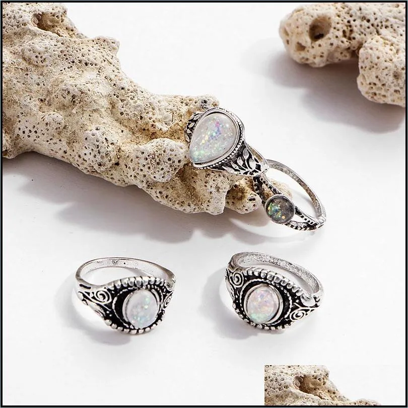 big vintage opal 8 pcs knuckle ring set for women sliver color geometric pattern bohemian style fashion jewelry set
