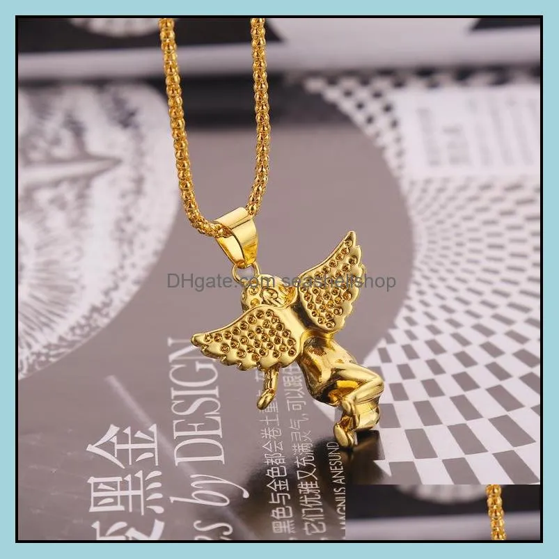 Men s Gold Hip Hop Wing Angel Pendant Necklace Iced Out Diamante Popcorn Chain