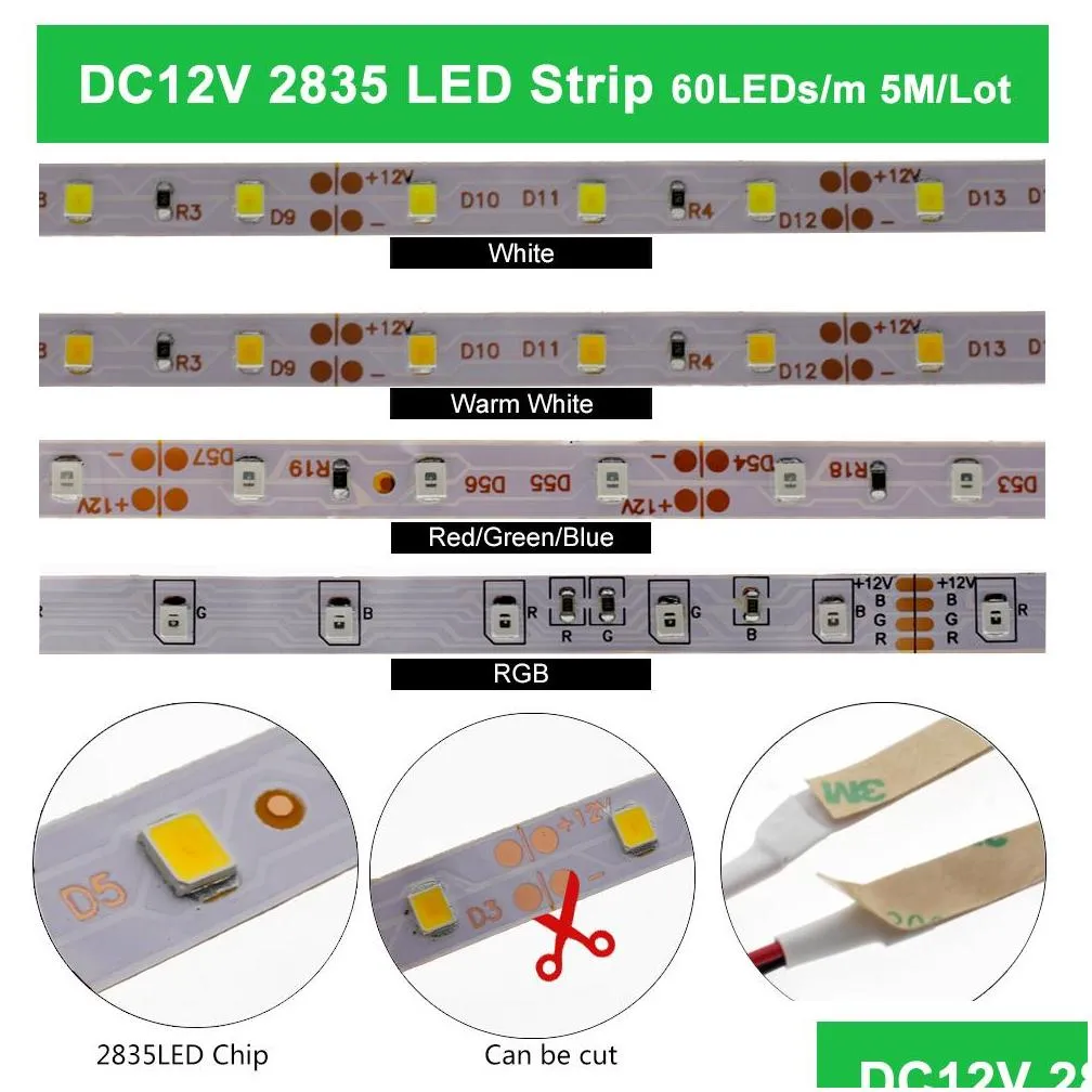 rgb led strip light 5050 2835 dc12v neon ribbon waterproof flexible led diode tape 60leds/m 5m 12v led strip for home decoration