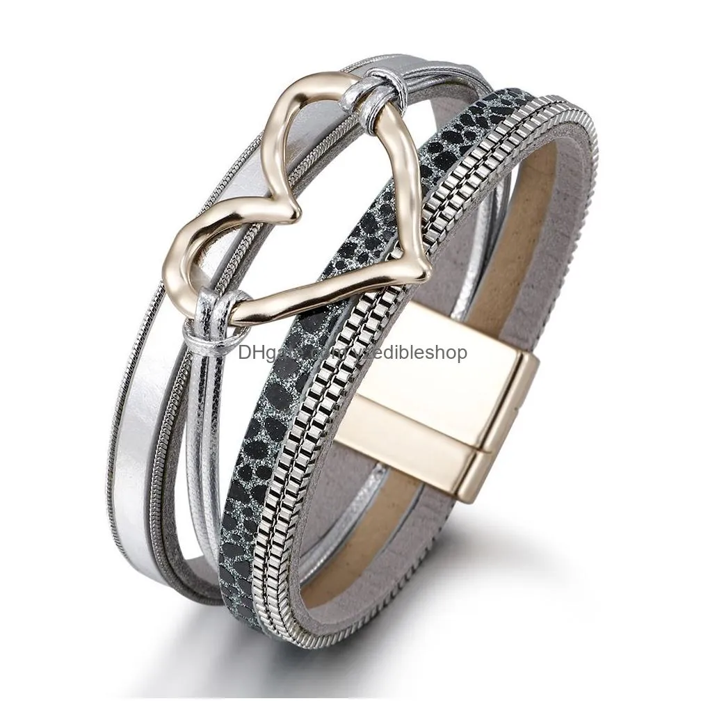 fashion jewelry pu leather bracelets for women handwoven hollowed heart multilayer leather magnetic buckle bracelet