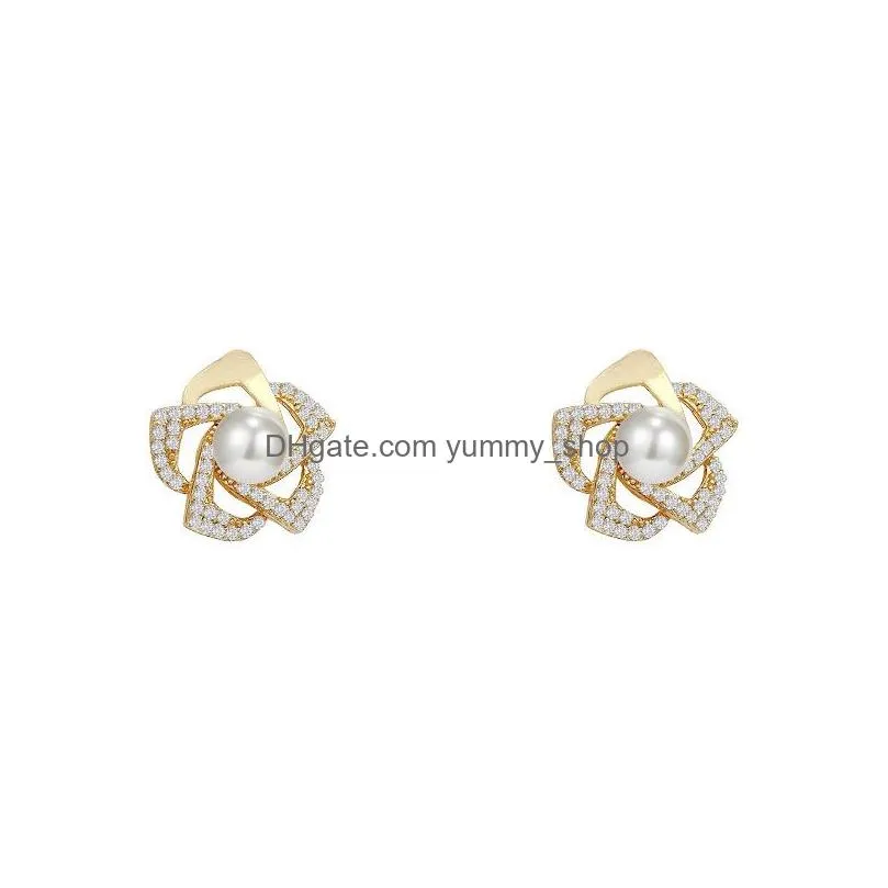 fashion jewelry s925 silver post faux pearl flower earrings inliad diamond rhinestone flower stud earrings