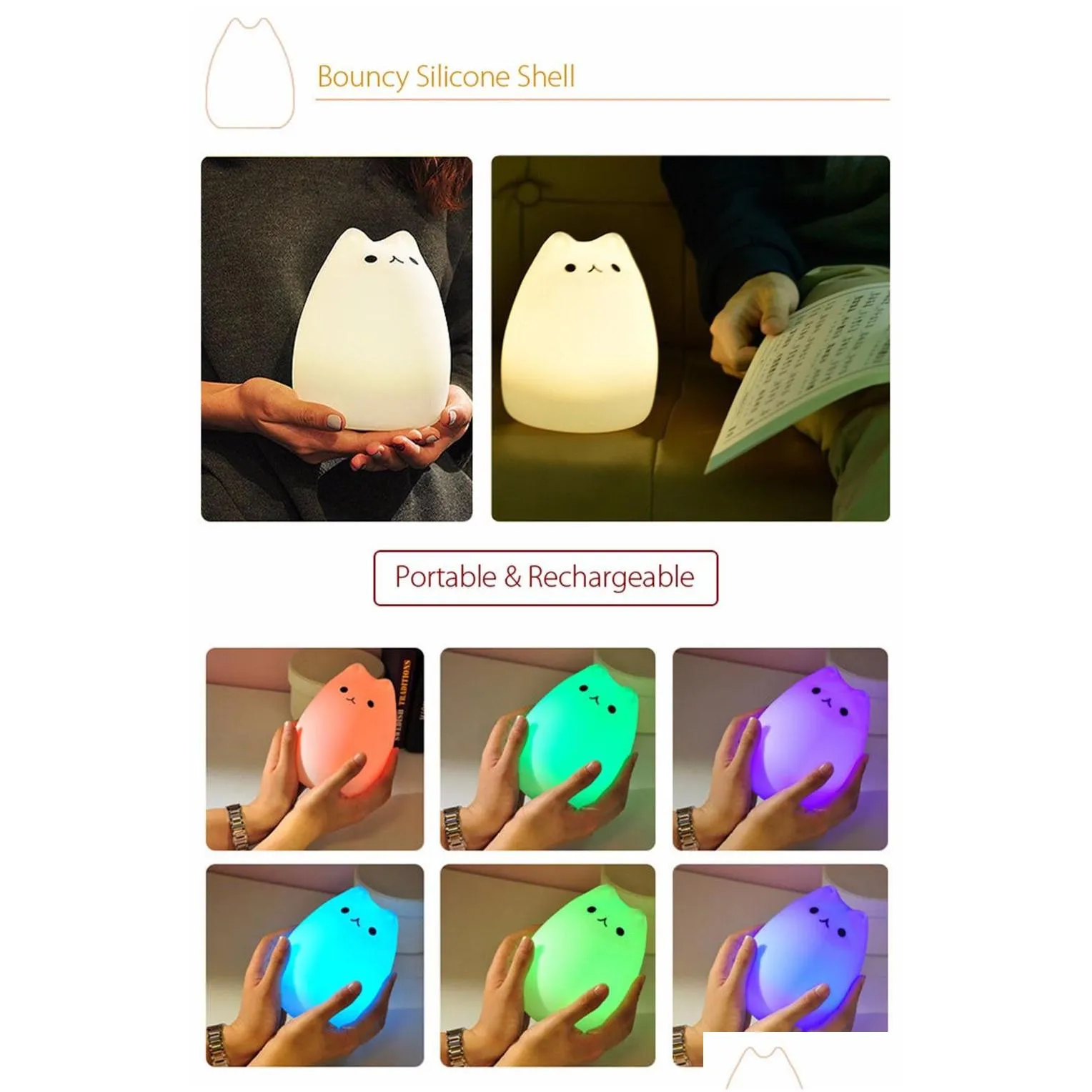 premium 7 colors cat led usb children animal night light silicone soft cartoon baby nursery lamp breathing led night light