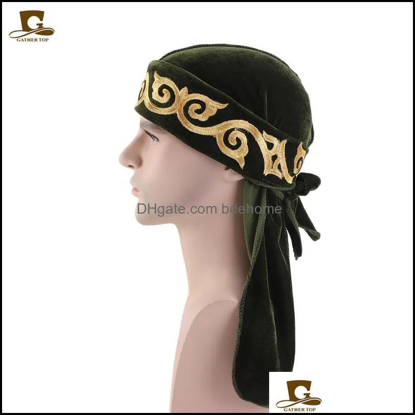muslim men print bandana turban hat wigs velvet durags doo headwrap plated cap biker headwear pirate hair accessories1 294 q2