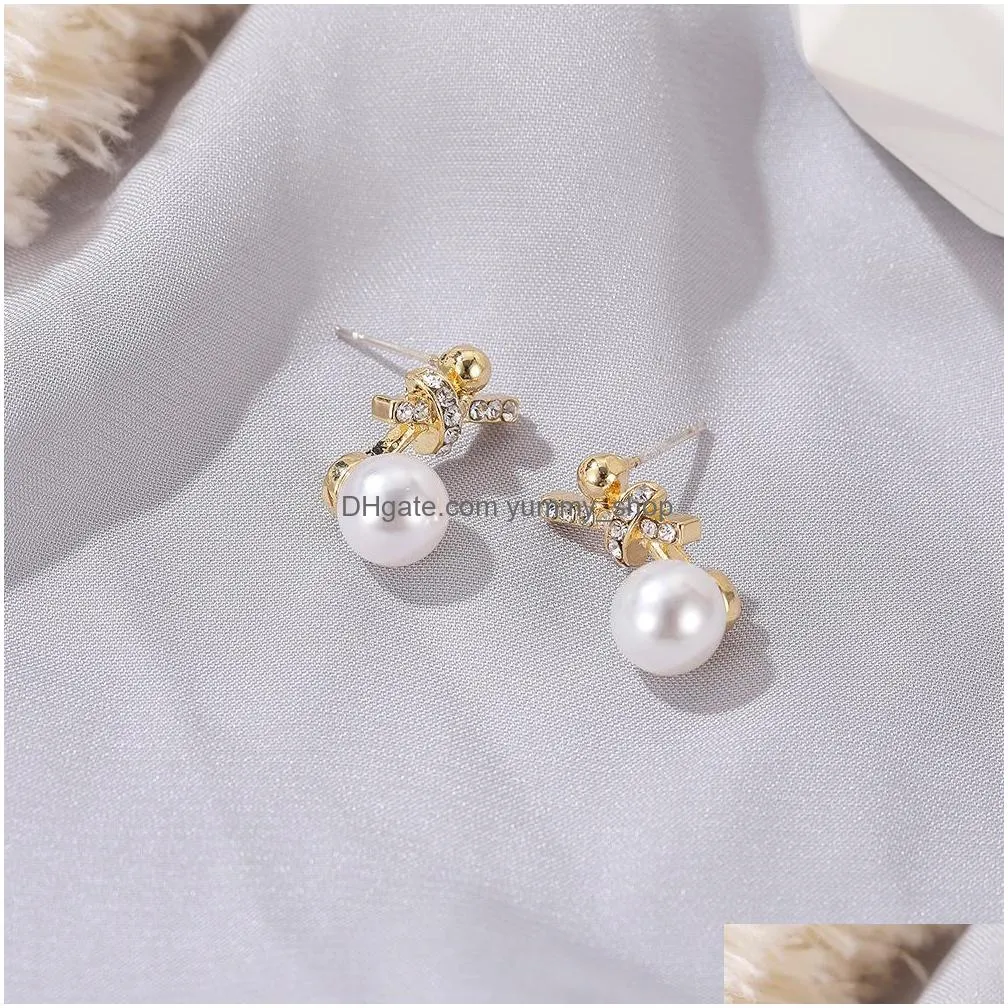 fashion jewelry faux pearl stud earrings s925 silver post rhinstone knot earrings