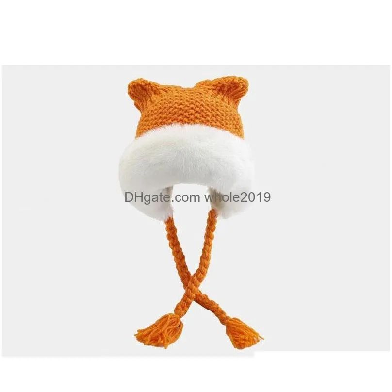 winter warm womens knitted hat sweet lovely ear cap braid faux fur fleece plush cotton hats