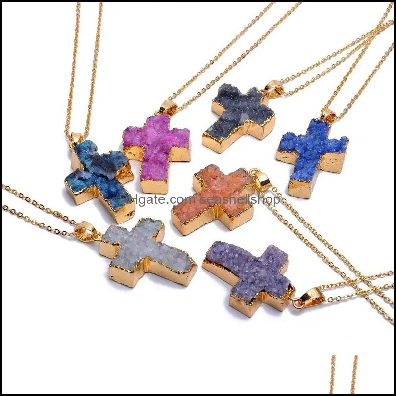  natural stone cross pendant necklace crystal healing point chakra gemstone druzy crucifix charm chain for women fashion jewelry