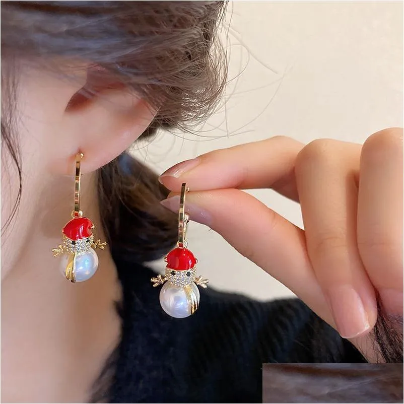 gold plated s925 silver needle dangle earrings for women stud sweet zircon christmas snowman pearl earrings