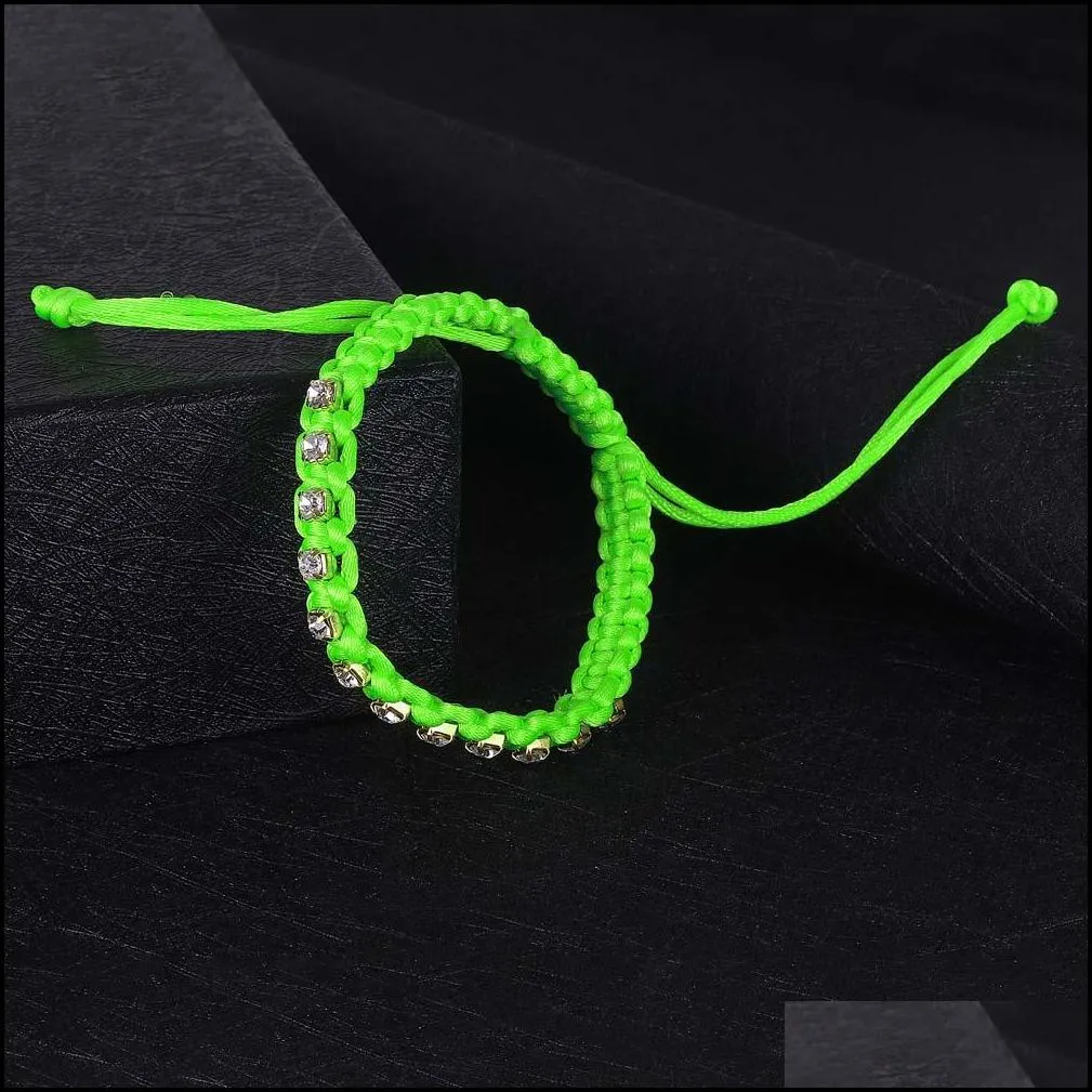 handmade fluorescent braided bracelet for women girls crystal inlayed pink yellow green adjustable bracelet trendy jewelry wholesale