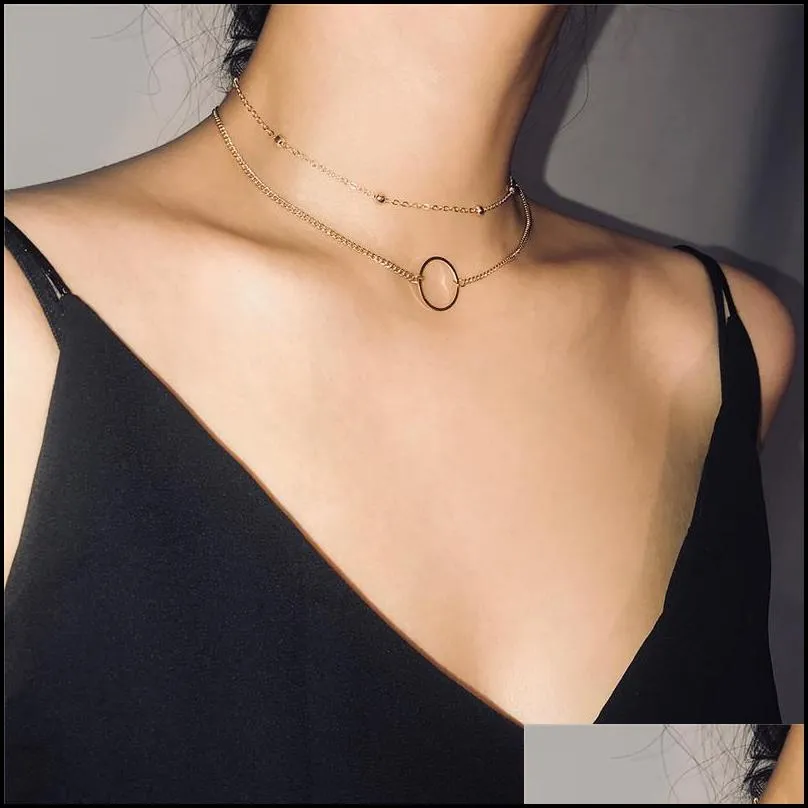 2pcs/set gold chain circle pendant chokers necklaces for women simple copper beaded chain short necklace fashion jewelry