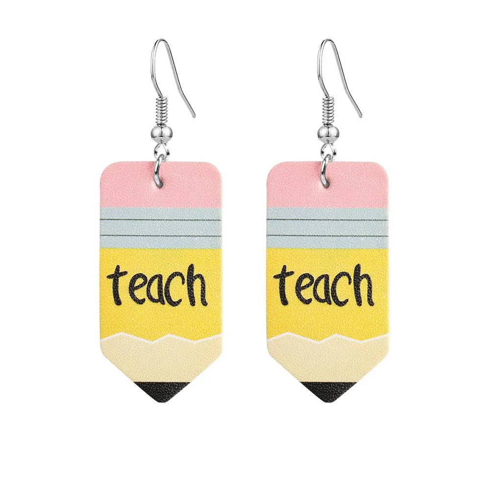 designer faux leather earrings math teacher pencil wate drop fashion printed dangle earrings hook ear party jewelry gift