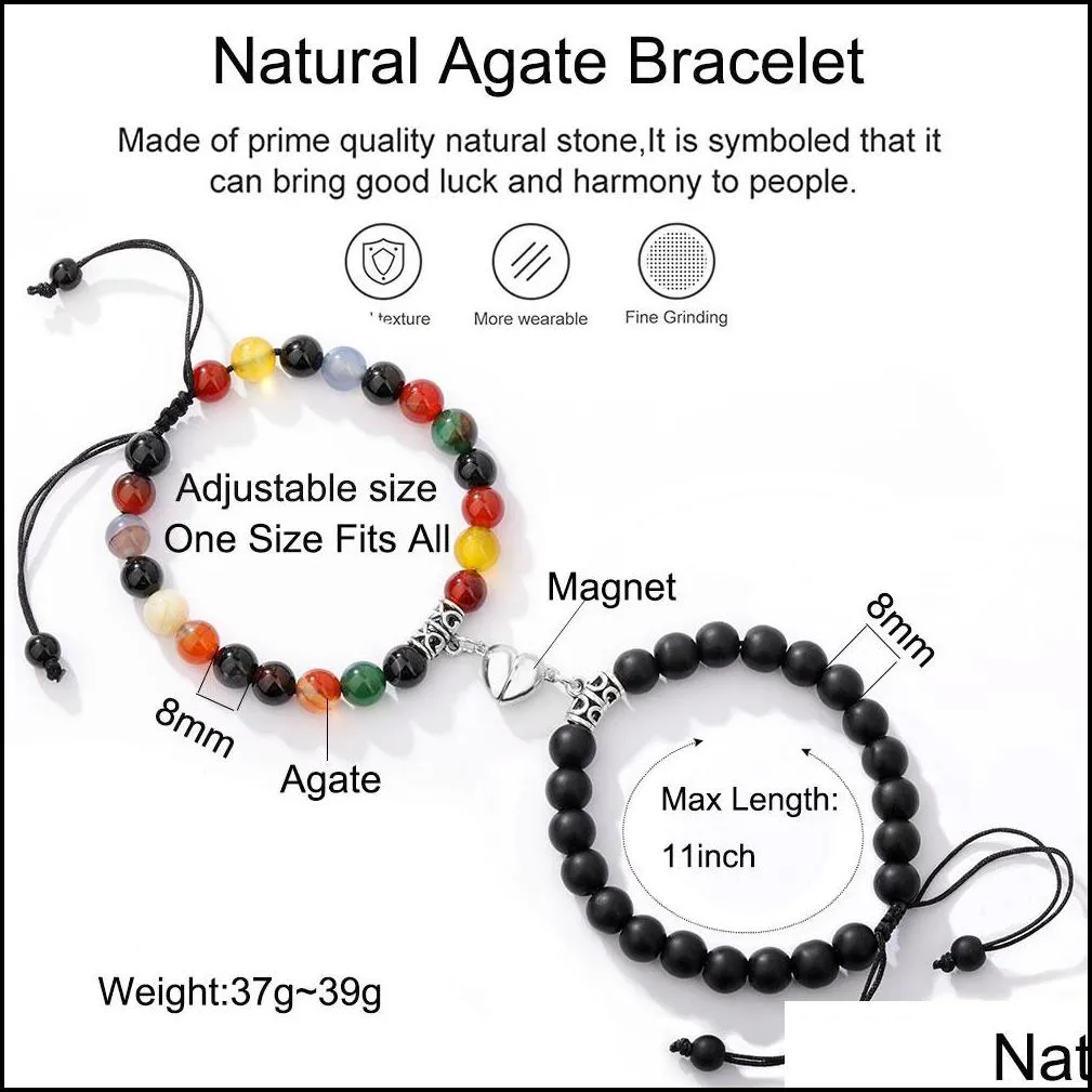 fashion 2pcs/set natural stone bead strands heart magnet couple friendship bracelets yoga for women men lovers magnetic bracelet handmade