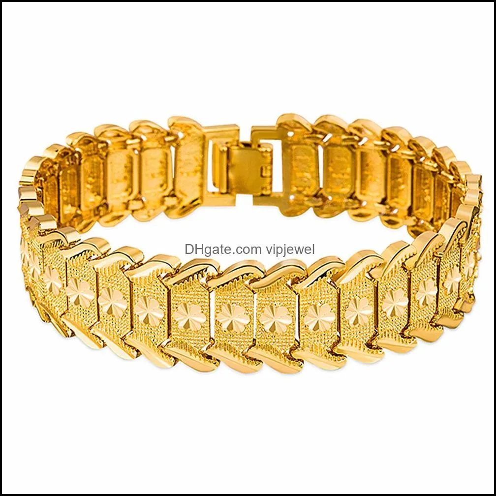 innovative fashion jewelry brass gold plated imitation 24k gold plated mens wide version inverted car flower bracelet