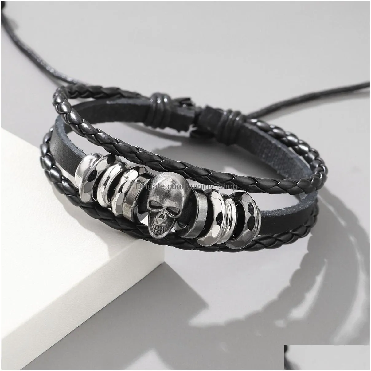 fashion jewelry metal punk leather bracelet for men retro beaded skull handwoven pu leather bracelets