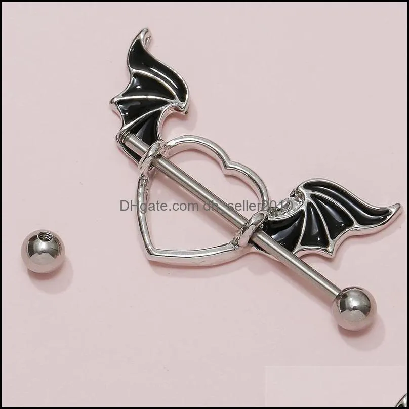 1 pcs stainless steel bat wing nipple shield ring angel heart piercing barbell jewelry 663 t2