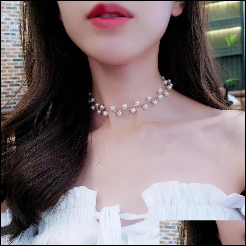 fashion clavicle chain pearl choker necklace for women korea style sliver gold collar neck strap elegant jewelry gift wholesale