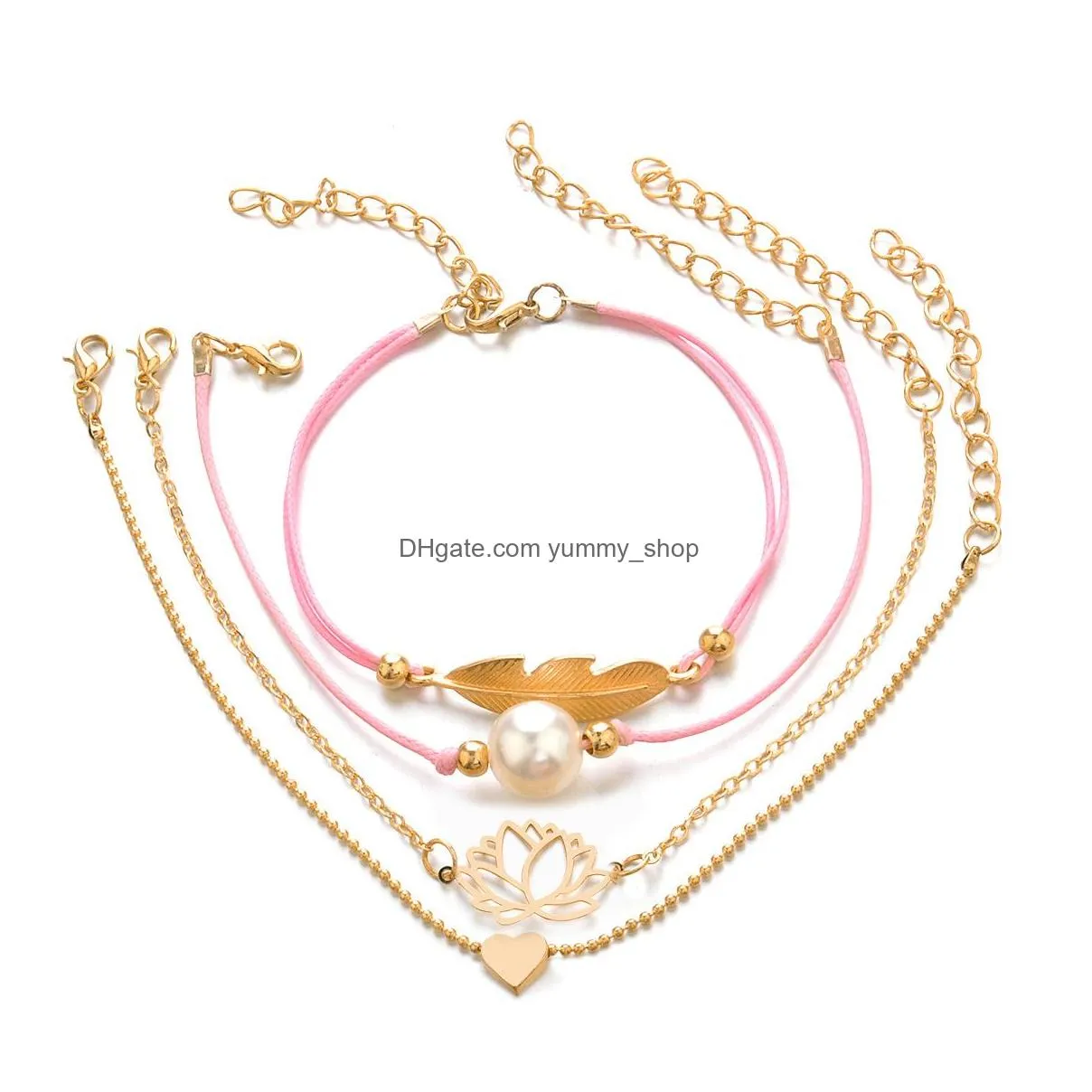 fashion jewelry heart lotus bracelet pearl feather bracelets charms multilayer bracelet 4pcs/set