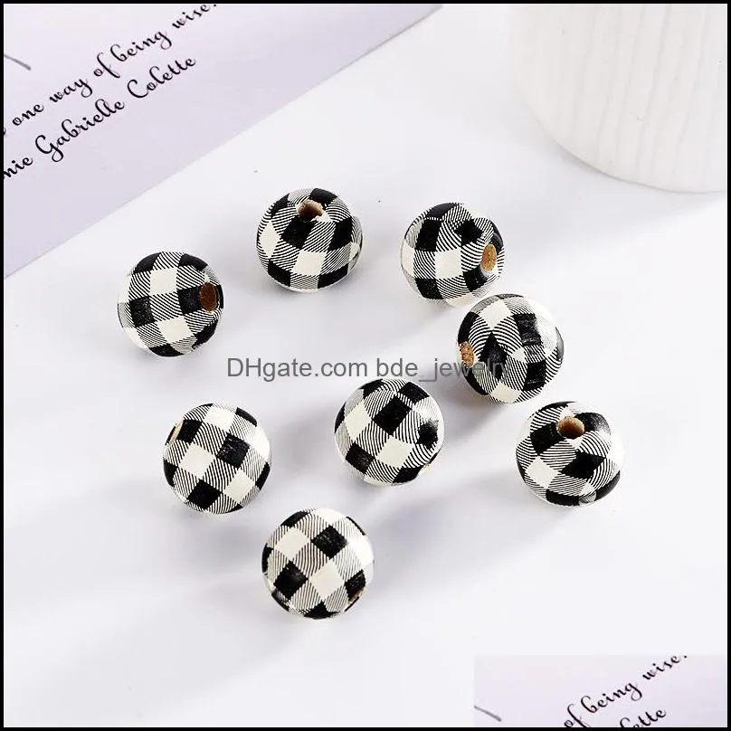 20pcs/pack wooden beads big round plaid printing loose spacer wood bead for jewelry making necklace diy accessories 126c3