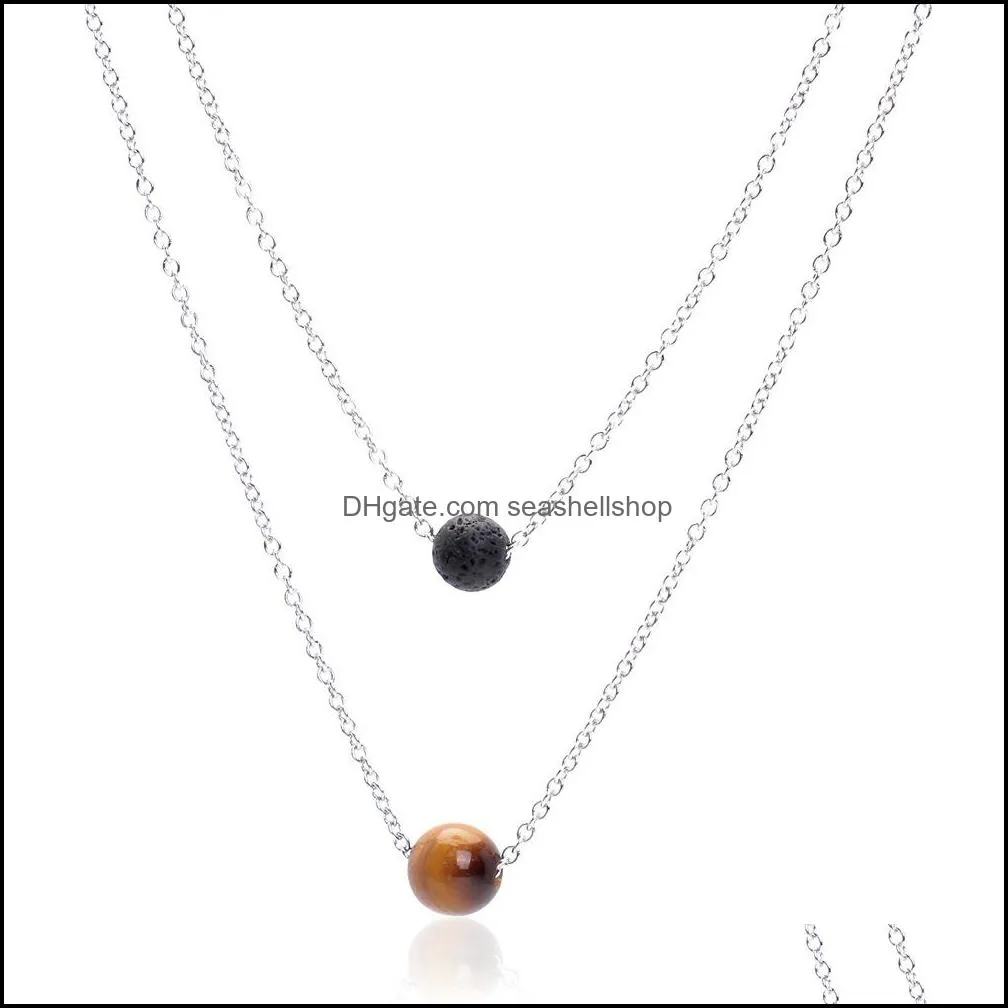  8mm lava rock and 10mm 7 color chakra stone pendant multilayered necklaces silver stainless steel chain for women fashion jewelry