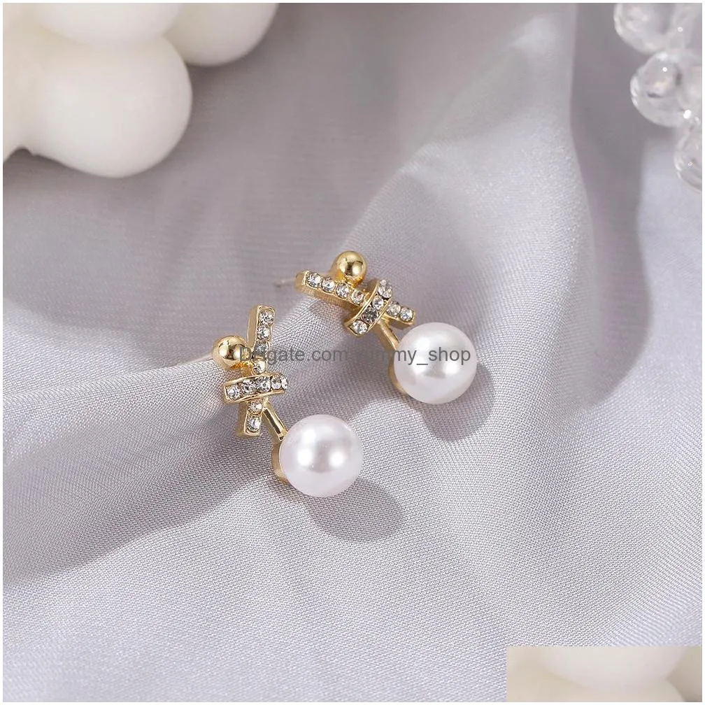 fashion jewelry faux pearl stud earrings s925 silver post rhinstone knot earrings